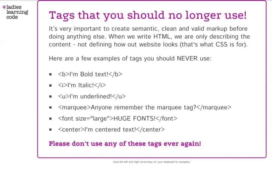 national code day slide - html tags that you should no longer use