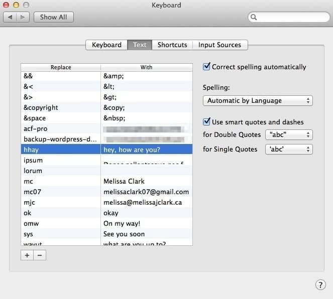 Screenshot: Mac Keyboard Text Shortcuts
