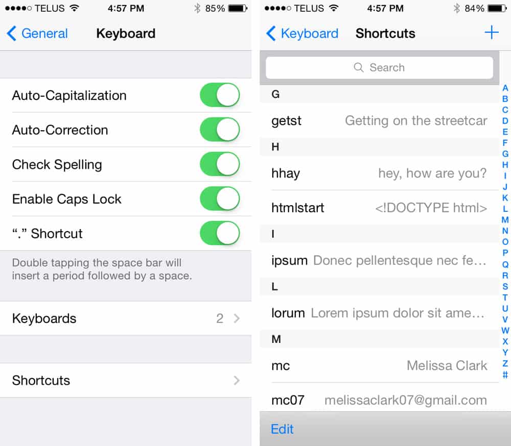 Screenshot: iOS 7 Text Expander Options