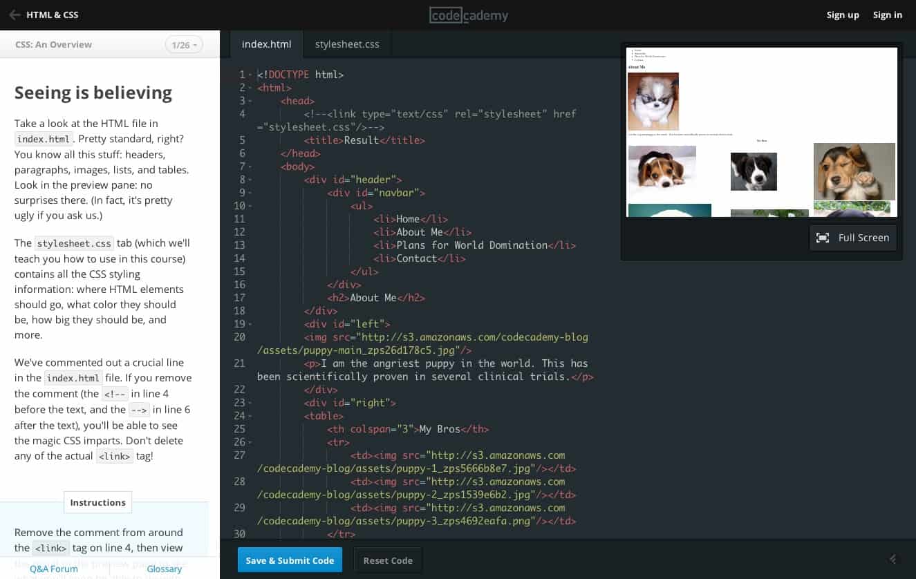 Screenshot. Codecadamy's CSS Overview course.