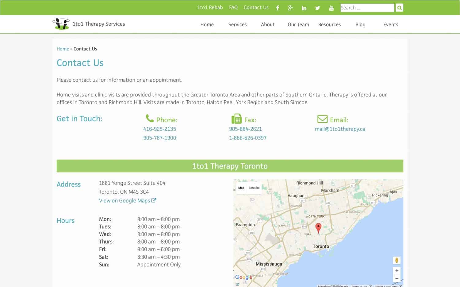 1to1 therapy services website - contact page