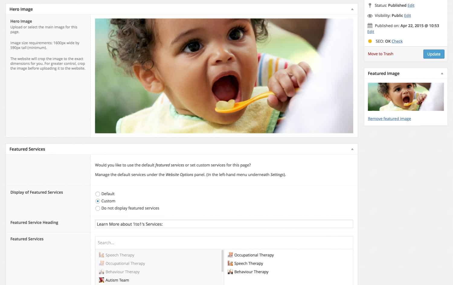 1to1 rehab website admin - featured services options