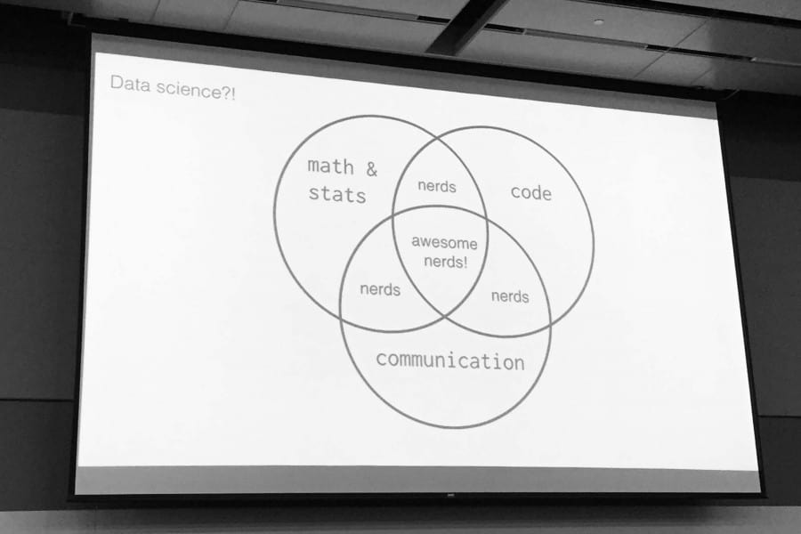 Data Science?! 3 Circles: 1. Math & Stats, Nerds 2. Code, Nerds 3. Communication. Middle of Circles = awesome nerds!