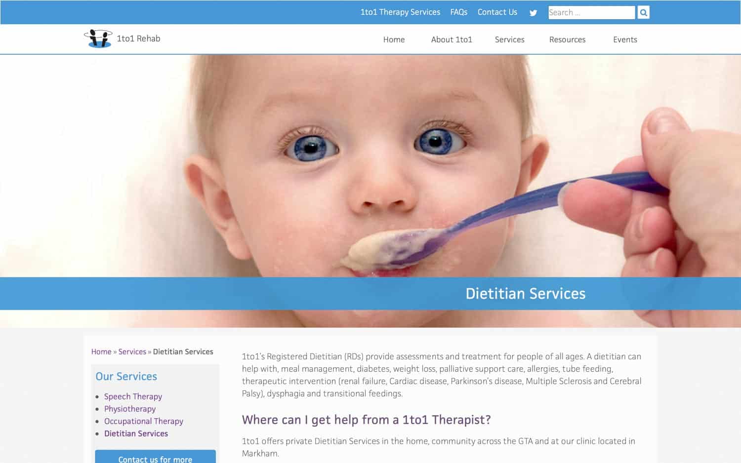 1to1 rehab website - dietitian services page