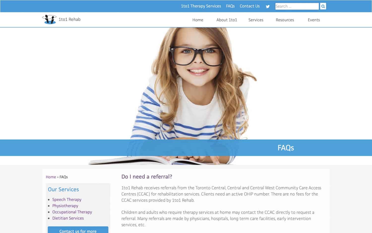 1to1 rehab website - FAQ page