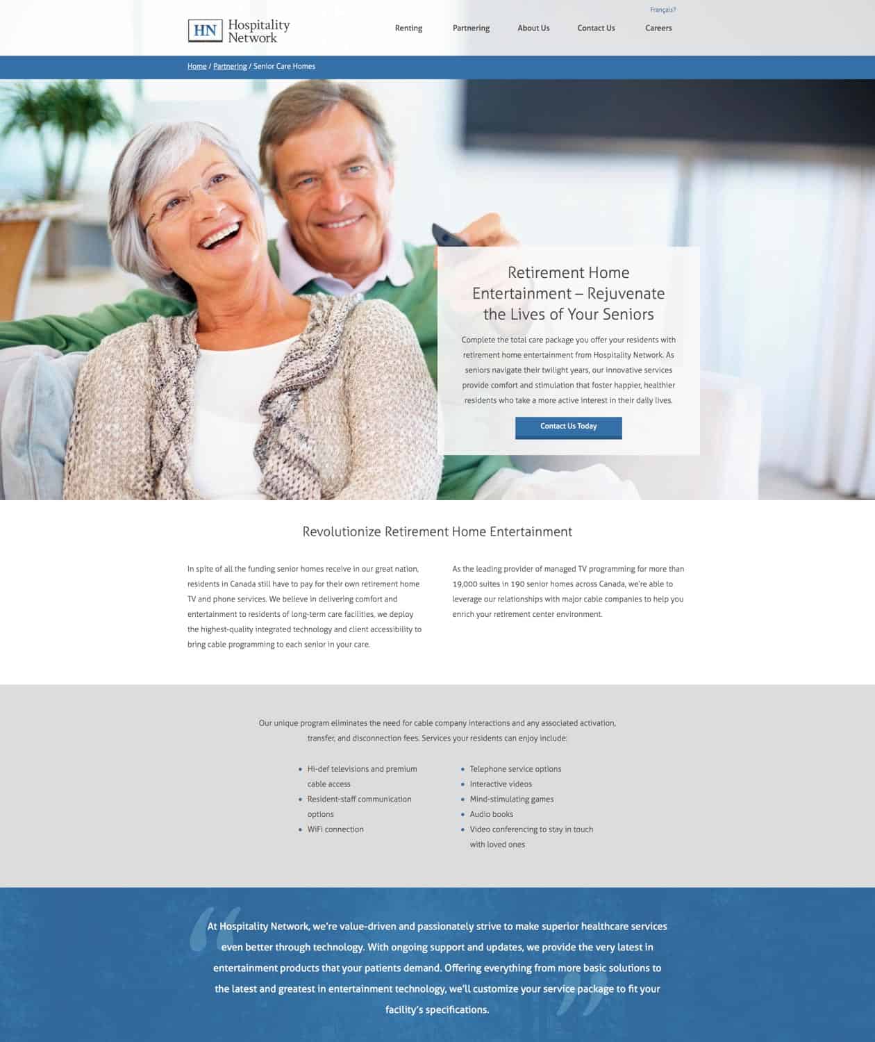 hospitality network website - senior care partnering page