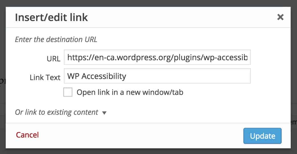 wordpress Insert Link options