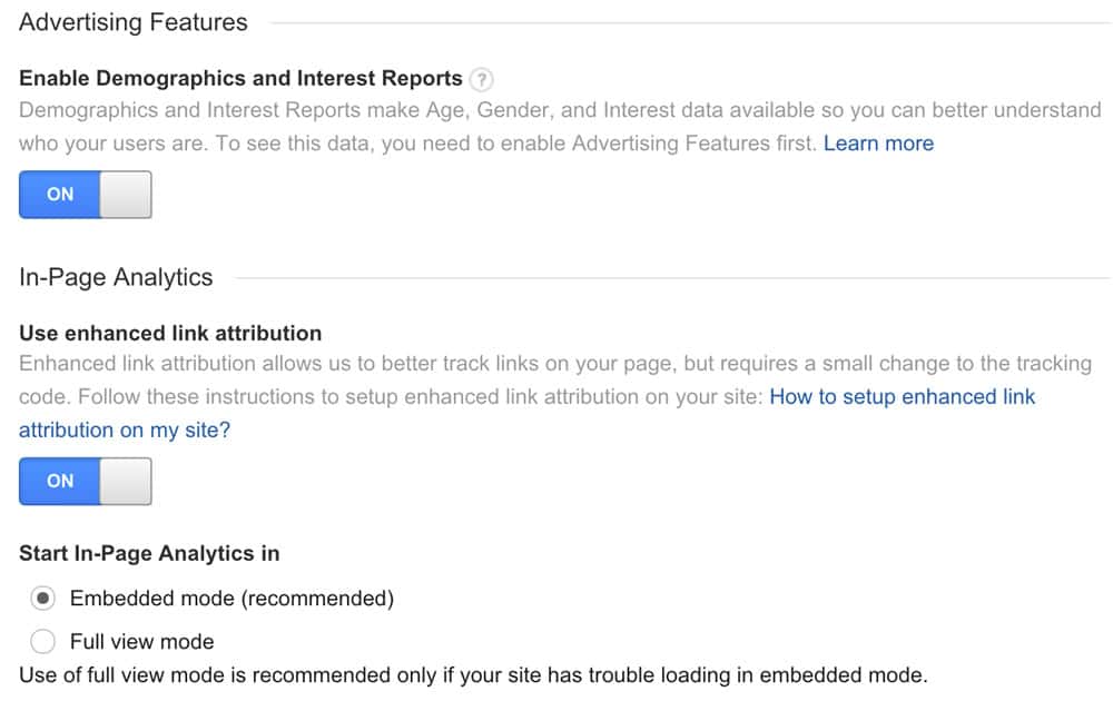 Google Analytics - enhanced link attribution and demographics reports turned on