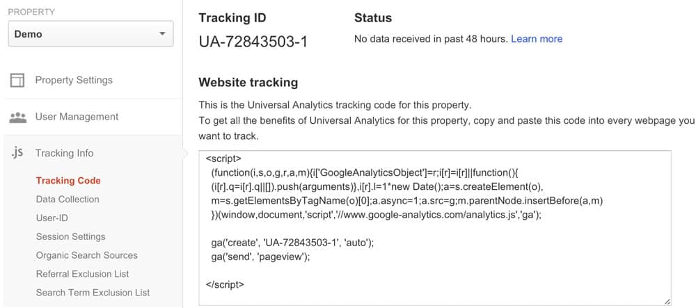 "Tracking code" panel in Google Analytics