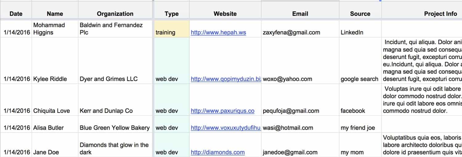 Zapier sent all of these (fake) project inquiries to my spreadsheet for me!