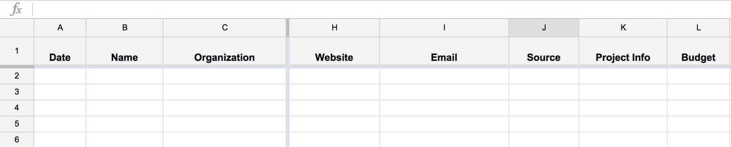google spreadsheet - columns for name, website, and general project details
