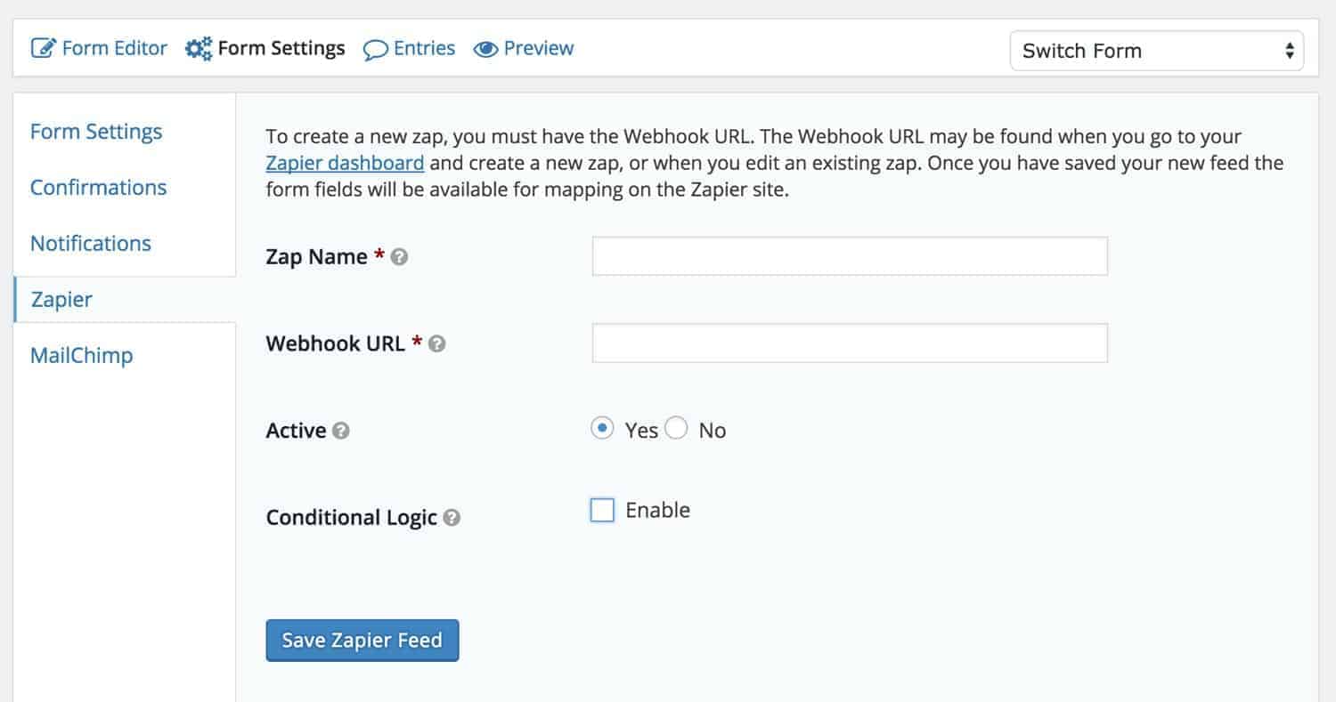 gravity forms settings panel for adding the webhook URL