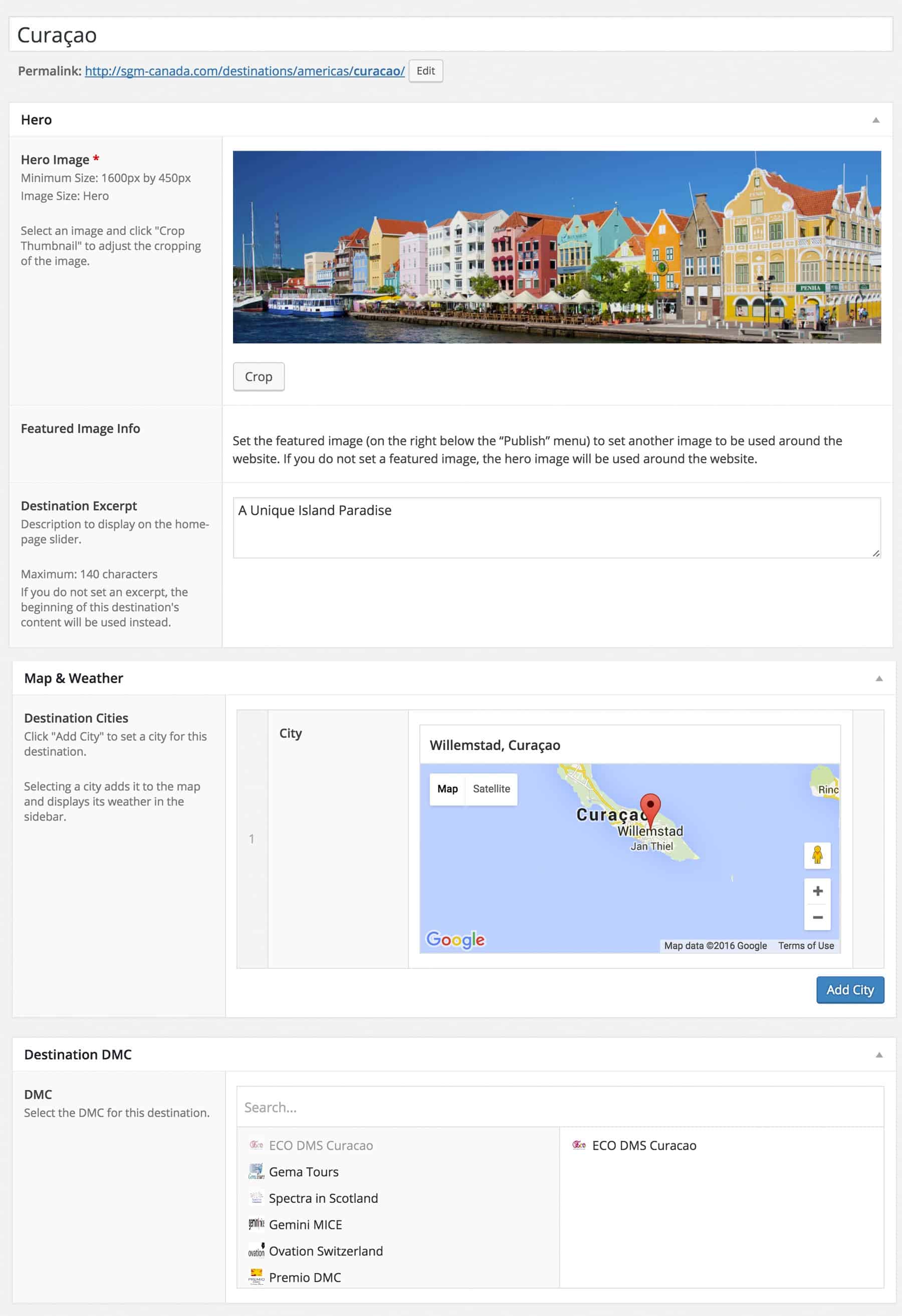 WordPress admin: editing the content for Curaco