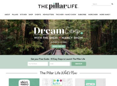 The Pillar Life website's desktop home page. The home page banner is for Dream Camp. Below that there are sections for The Pillar Life What's New and the Kitchen