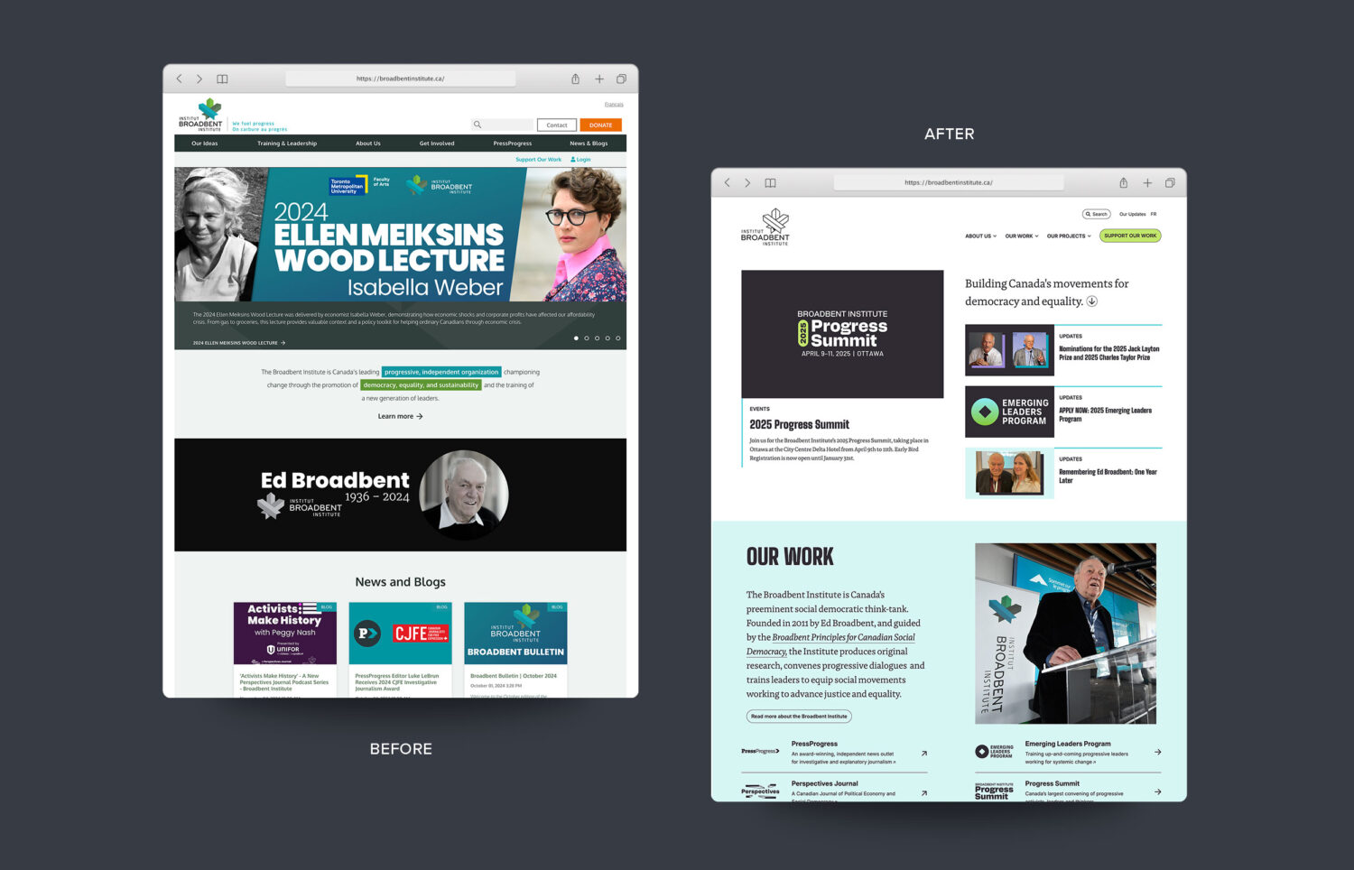 Screenshots of the home page before and after the 2025 website redesign.
Before: the original home page featuring an event with Ellen Meiksins and Isabella Weber.
After: the new home page featuring the 2025 Progress Summit, recent update posts, and information on the institute's work.