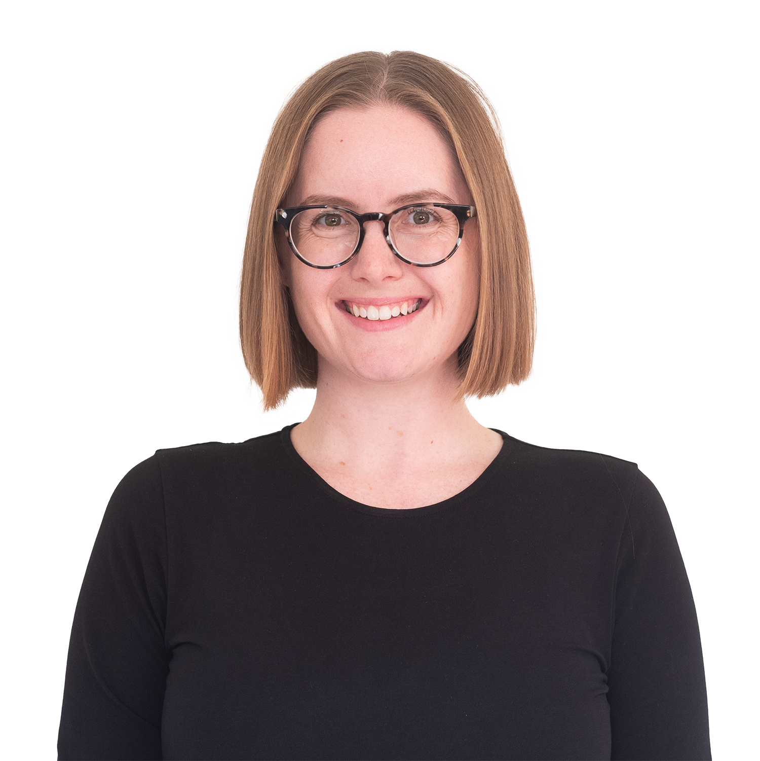 Melissa Jean Clark smiling in a black top and glasses. She has light brown hair and pale skin.
