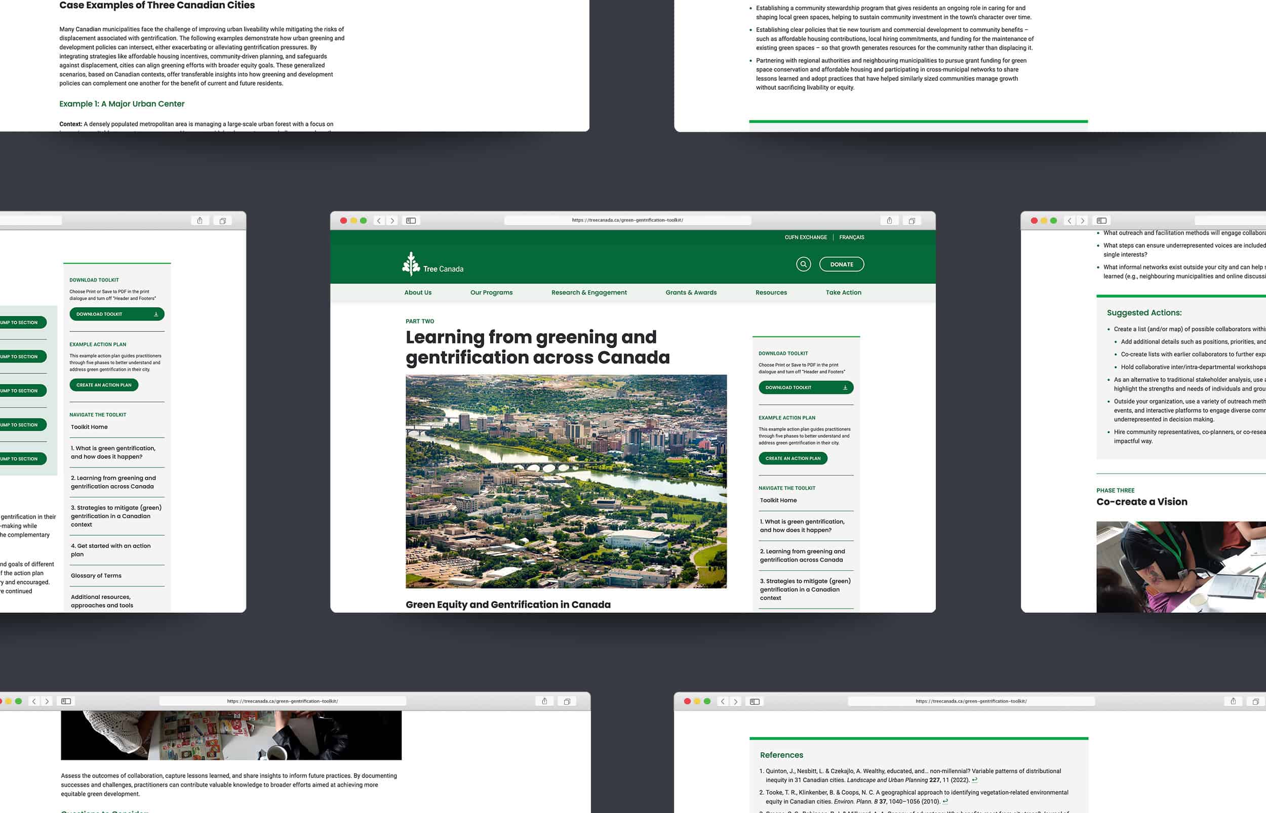 Browser mockups of the Green Gentrification Toolkit web pages on the Safari browser. The headline reads "Learning from greening and gentrification across Canada".