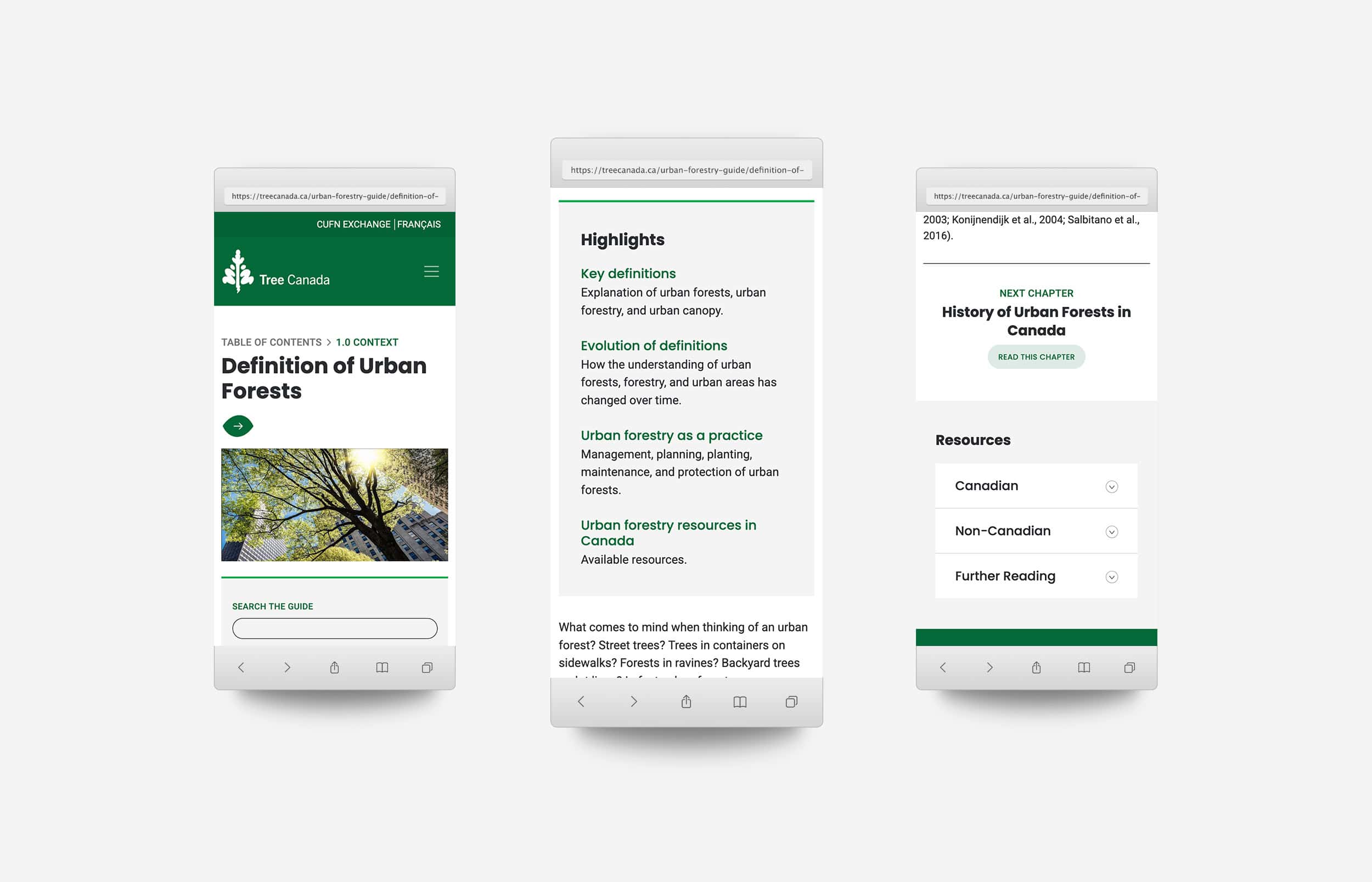 Tree Canada's "Definition of Urban Forests" chapter shown on three mobile device mockups