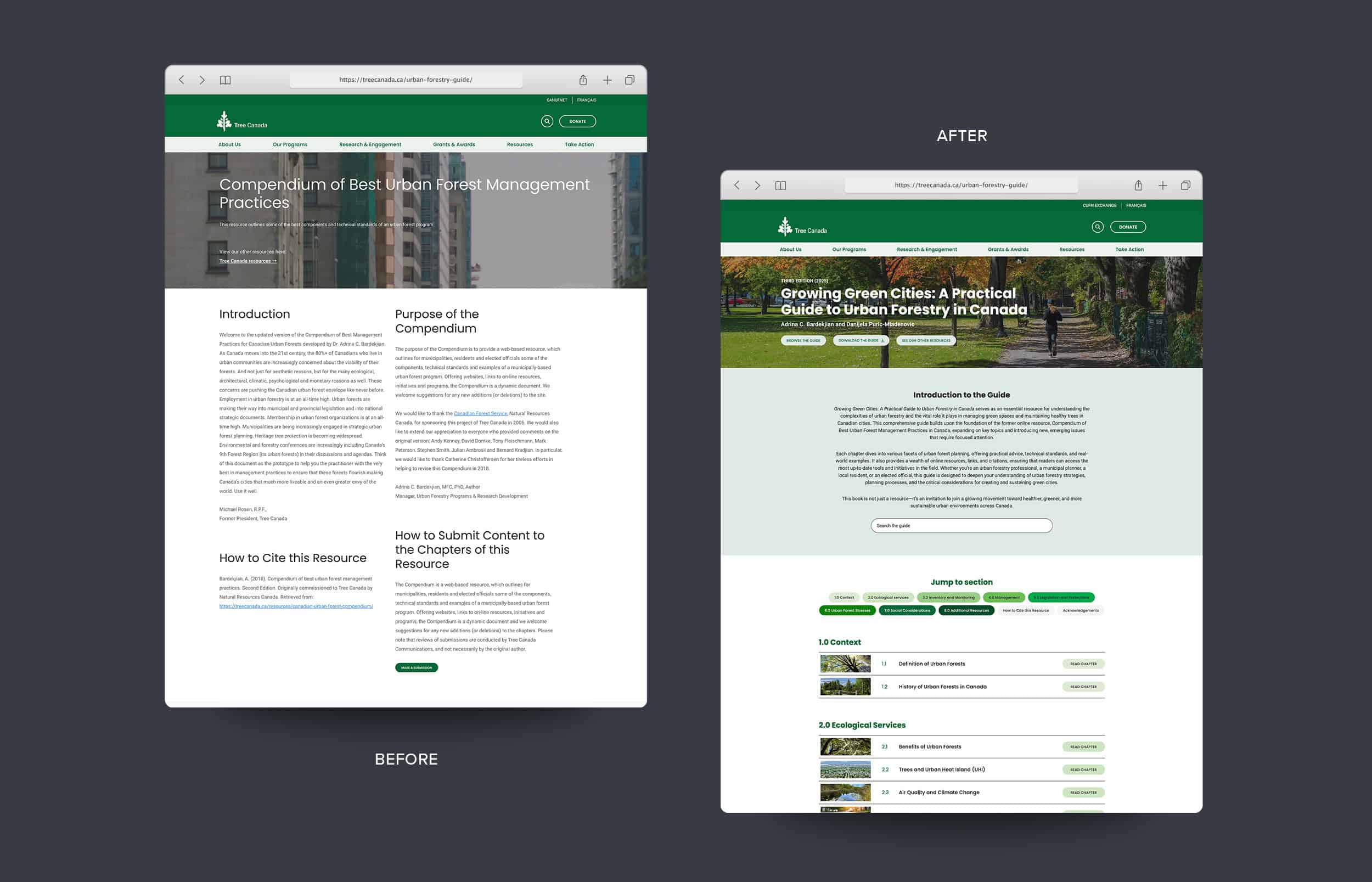 Tree Canada's Urban Forestry Guide web resource. Side by side comparison of the original design and the updated design
