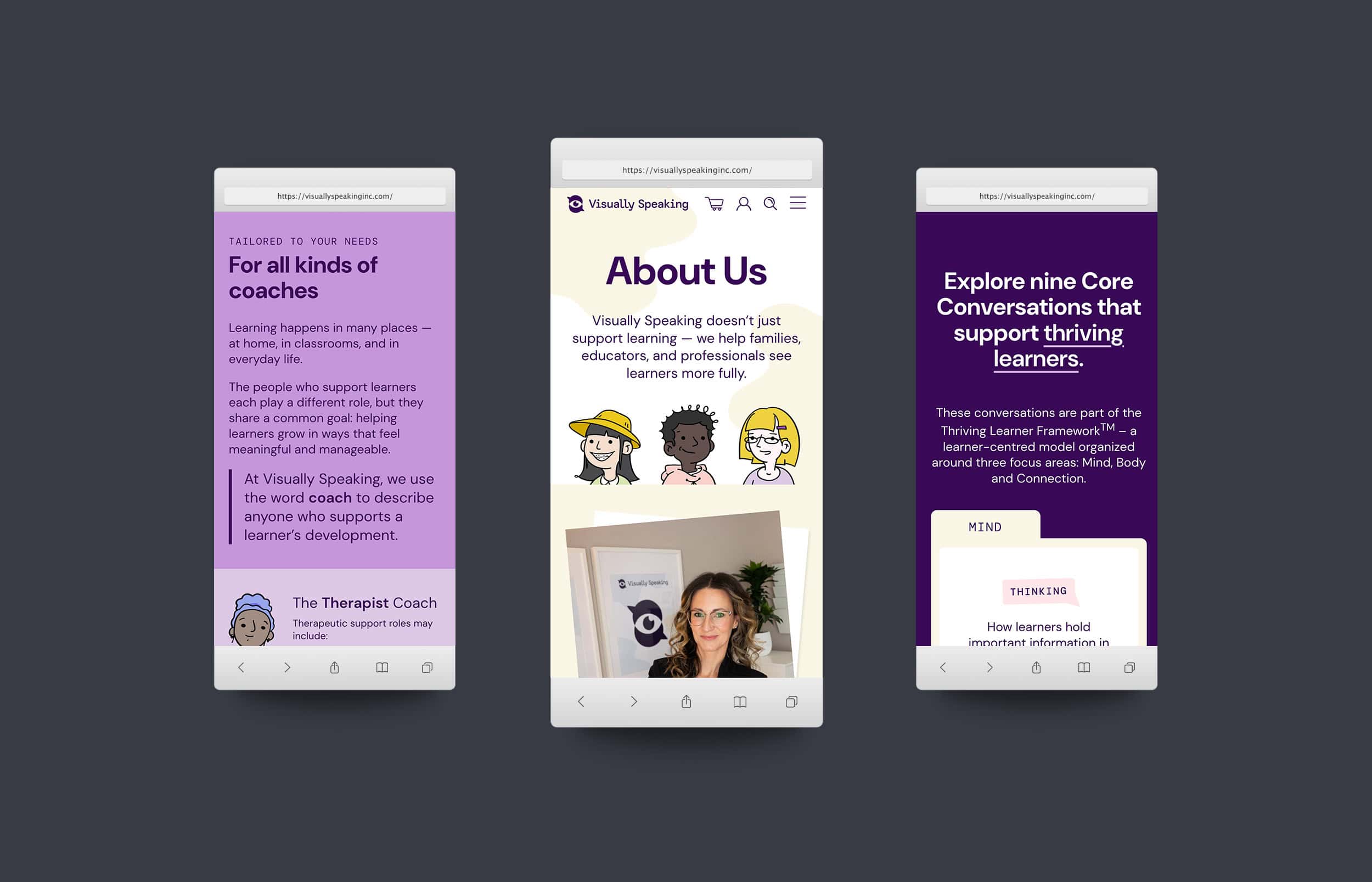 iPhone mockups of the Visually Speaking website. Headlines shown include "For all kinds of coaches", "About us", and "Explore nine Core Conversations that support thriving learners".